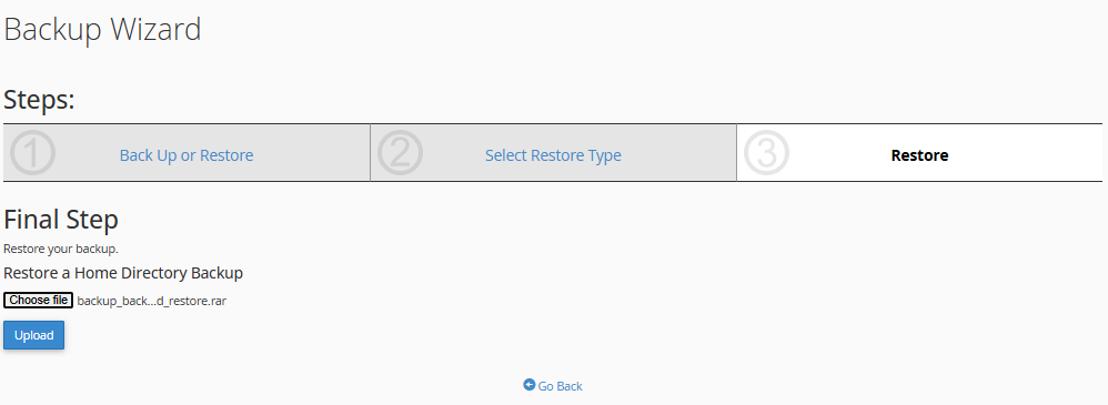 Backup wizard Upload choose file